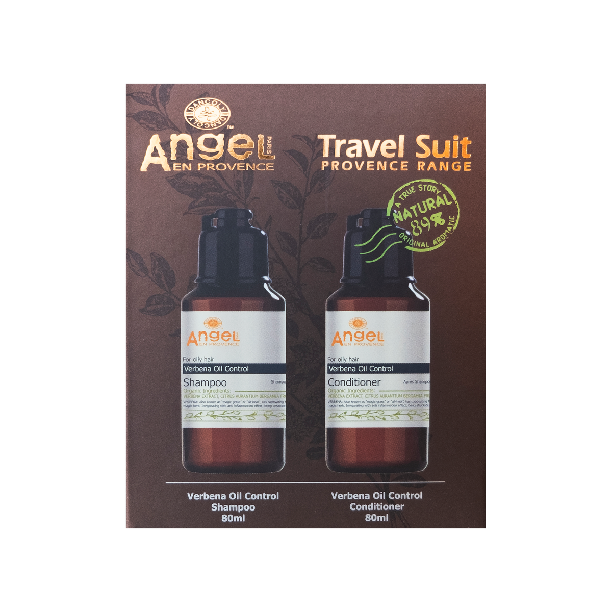 Angel En Provence Travel Suit Provence Range containing 80ml bottles of Verbena Oil Control Shampoo and Conditioner, presented in a brown cardboard box with French text and a green 'Natural 80%' badge.