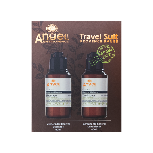 Angel En Provence Travel Suit Provence Range containing 80ml bottles of Verbena Oil Control Shampoo and Conditioner, presented in a brown cardboard box with French text and a green 'Natural 80%' badge.